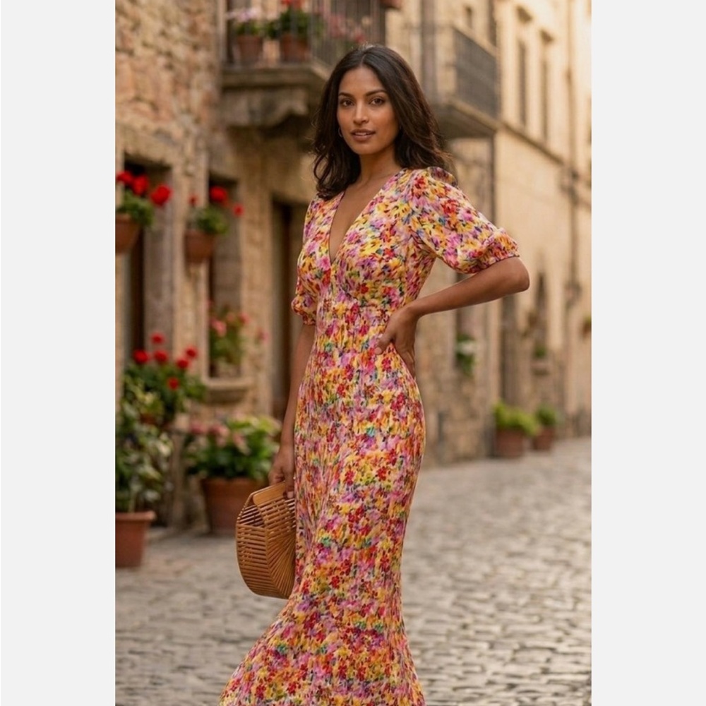 RIXO by Target Floral V-Neck Puff-Sleeve Maxi Dress in Yellow-Pink Multi